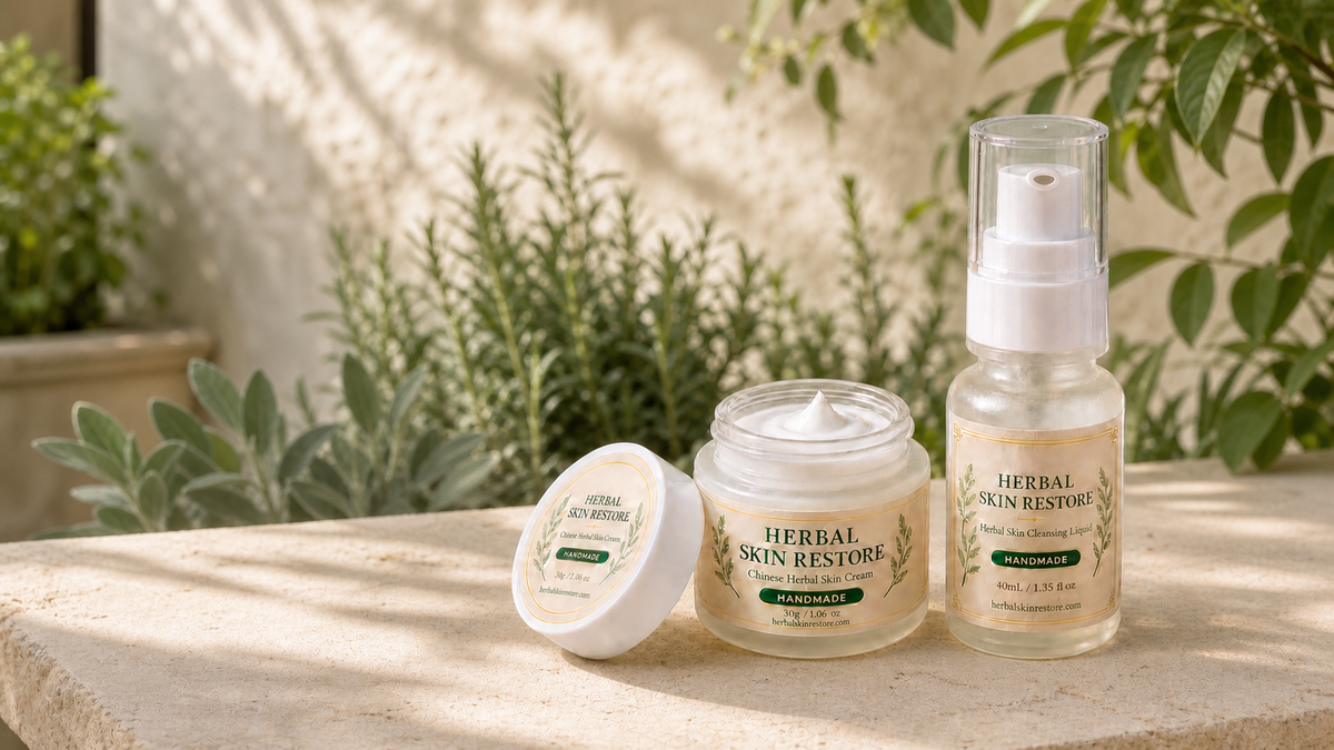 Herbal Skin Restore cream and cleansing liquid in a botanical courtyard setting
